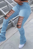 Sky Blue Casual Solid Hollowed Out Mid Waist Boot Cut Denim Jeans