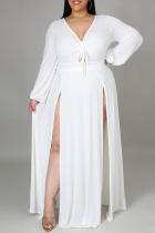 White Fashion Casual Plus Size Solid Bandage Slit V Neck Long Sleeve Dresses