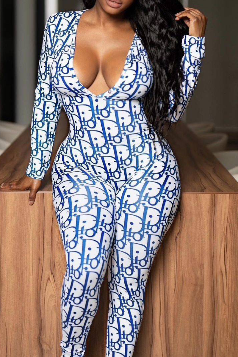 

Blue Sexy Print Split Joint V Neck Skinny Jumpsuits