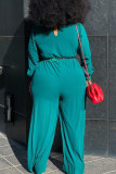 Dark Green Fashion Casual Solid With Belt V Neck Plus Size Jumpsuits