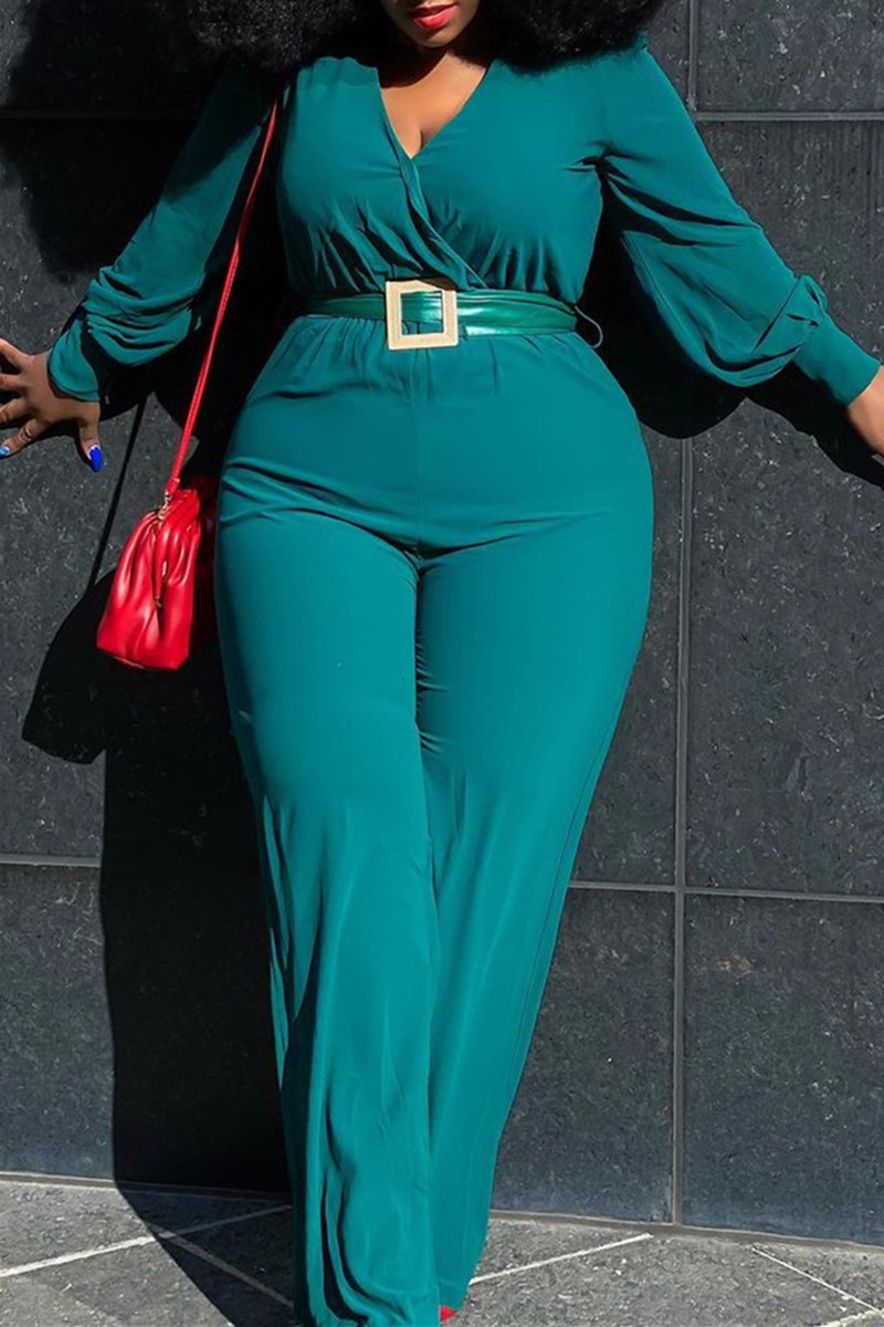 Dark Green Fashion Casual Solid With Belt V Neck Plus Size Jumpsuits ...