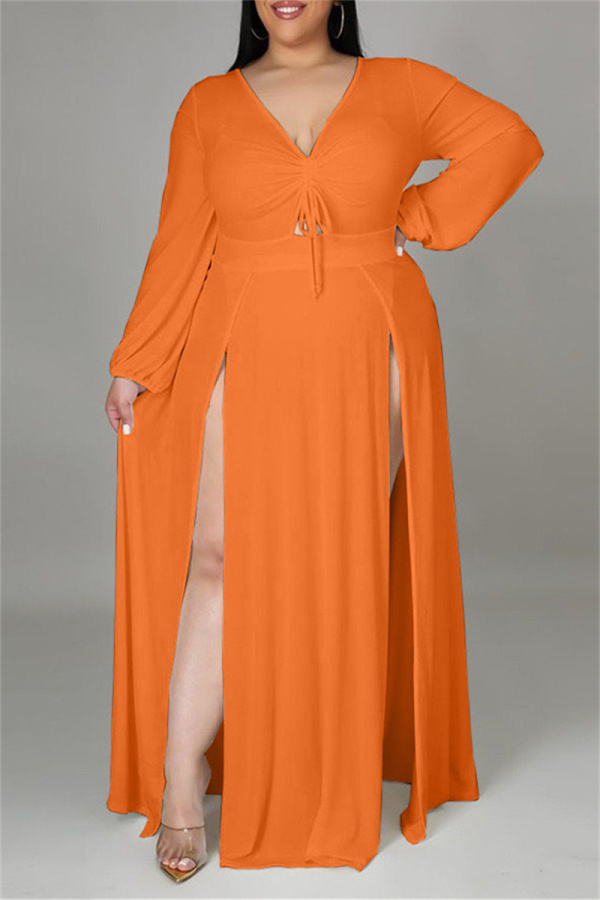 Orange Fashion Casual Plus Size Solid Bandage Slit V Neck Long Sleeve Dresses