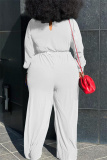 White Fashion Casual Solid With Belt V Neck Plus Size Jumpsuits