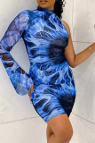 Blue Sexy Print Split Joint Half A Turtleneck Pencil Skirt Dresses