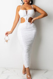 White Sexy Solid Hollowed Out Split Joint Frenulum Fold Zipper Spaghetti Strap Sling Dress Dresses