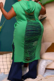 Green Sexy Solid Ripped Split Joint Backless V Neck Plus Size Dresses