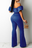 Blue Casual Solid Patchwork Buttons Flounce Off the Shoulder Regular Jumpsuits