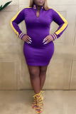 Purple Casual Solid Patchwork Zipper Collar Straight Dresses