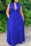 Deep Blue Casual Solid Patchwork Pocket Turndown Collar A Line Plus Size Dresses