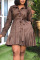 Brown Casual Solid Patchwork Buckle Flounce Fold Turndown Collar Shirt Dress Dresses