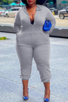 Grey Casual Solid Patchwork Hooded Collar Plus Size Jumpsuits