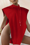 Red Sexy Solid Patchwork Asymmetrical Hooded Collar Tops