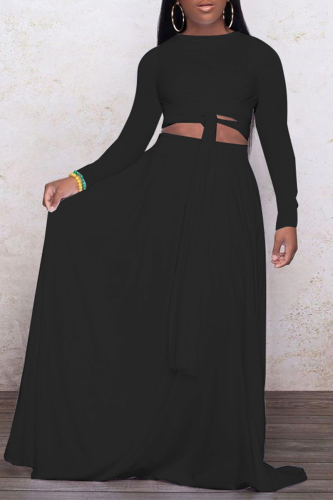 Black Casual Solid Patchwork O Neck Long Sleeve Two Pieces