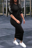 Black Fashion Casual Striped Slit V Neck Long Dress
