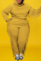 Yellow Casual Solid Tassel Hooded Collar Plus Size Two Pieces
