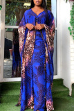 Blue Purple Fashion Casual Print Slit V Neck Long Sleeve Two Pieces