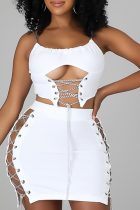 White Sexy Solid Hollowed Out Spaghetti Strap Sleeveless Two Pieces