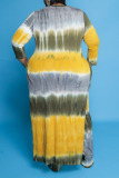 Lemon Yellow Casual Striped Print Tie Dye Split Joint Slit O Neck Plus Size Two Pieces