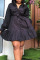 Black Casual Solid Patchwork Buckle Flounce Fold Turndown Collar Shirt Dress Dresses
