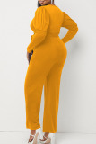 Yellow Casual Solid Patchwork V Neck Straight Jumpsuits