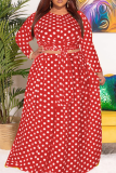 Red Casual Dot Patchwork O Neck Cake Skirt Plus Size Two Pieces