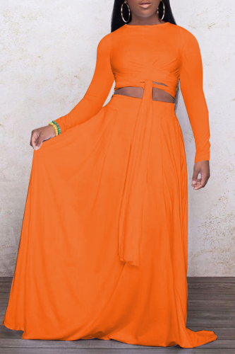 Tangerine Red Casual Solid Patchwork O Neck Long Sleeve Two Pieces