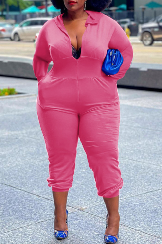 Pink Casual Solid Patchwork Hooded Collar Plus Size Jumpsuits