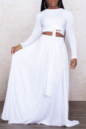 White Casual Solid Patchwork O Neck Long Sleeve Two Pieces