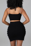 Black Sexy Solid Hollowed Out Spaghetti Strap Sleeveless Two Pieces