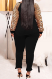 Earth Yellow Casual Leopard Patchwork O Neck Plus Size Two Pieces