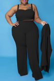 Black Casual Solid Patchwork Plus Size Two Pieces
