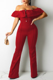 Red Casual Solid Patchwork Buttons Flounce Off the Shoulder Regular Jumpsuits