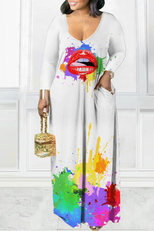 White Casual Print Patchwork V Neck Long Sleeve Dresses