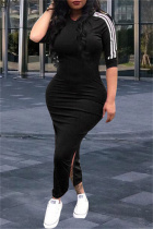Black Fashion Casual Striped Slit V Neck Long Dress