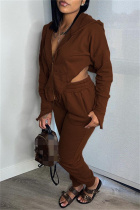Dark Brown Fashion Casual Solid Asymmetrical Hooded Collar Long Sleeve Two Pieces