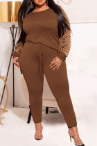 Earth Yellow Casual Leopard Split Joint O Neck Plus Size Two Pieces