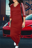 Red Fashion Casual Striped Slit V Neck Long Dress