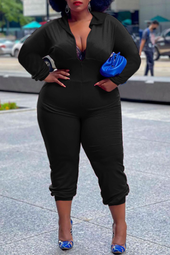Black Casual Solid Patchwork Hooded Collar Plus Size Jumpsuits