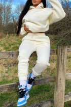 Cream White Fashion Casual Solid Basic Hooded Collar Long Sleeve Two Pieces
