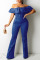 Blue Casual Solid Split Joint Buttons Flounce Off the Shoulder Regular Jumpsuits