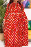 Blue Casual Dot Patchwork O Neck Cake Skirt Plus Size Two Pieces