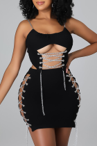 Black Sexy Solid Hollowed Out Spaghetti Strap Sleeveless Two Pieces