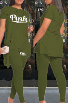 Army Green Casual Letter Print Split Joint Asymmetrical O Neck Short Sleeve Two Pieces
