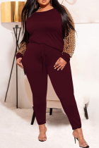 Burgundy Casual Leopard Patchwork O Neck Plus Size Two Pieces