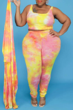 Yellow Sexy Patchwork Tie-dye Square Collar Plus Size Three Pieces