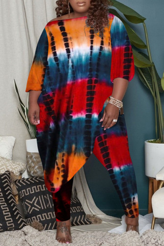 Orange Fashion Casual Tie Dye Asymmetrical O Neck Plus Size Two Pieces