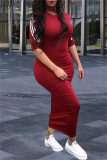 Red Fashion Casual Striped Slit V Neck Long Dress