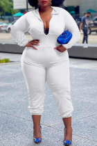 White Casual Solid Patchwork Hooded Collar Plus Size Jumpsuits