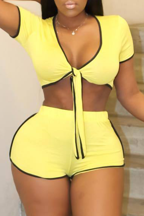 Yellow Sexy Solid Bandage V Neck Short Sleeve Two Pieces
