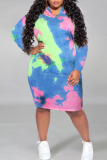 Green Casual Print Tie Dye Patchwork Hooded Collar Straight Plus Size Dresses